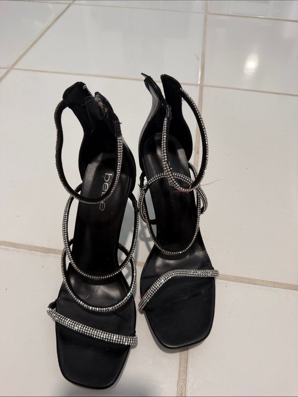 bebe Black Rhinestone Multi-Strap Heeled Sandals